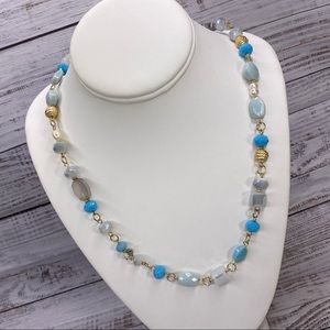 Stella & Ruby gold/turquoise/grey/cream shimmer bead long statement necklace